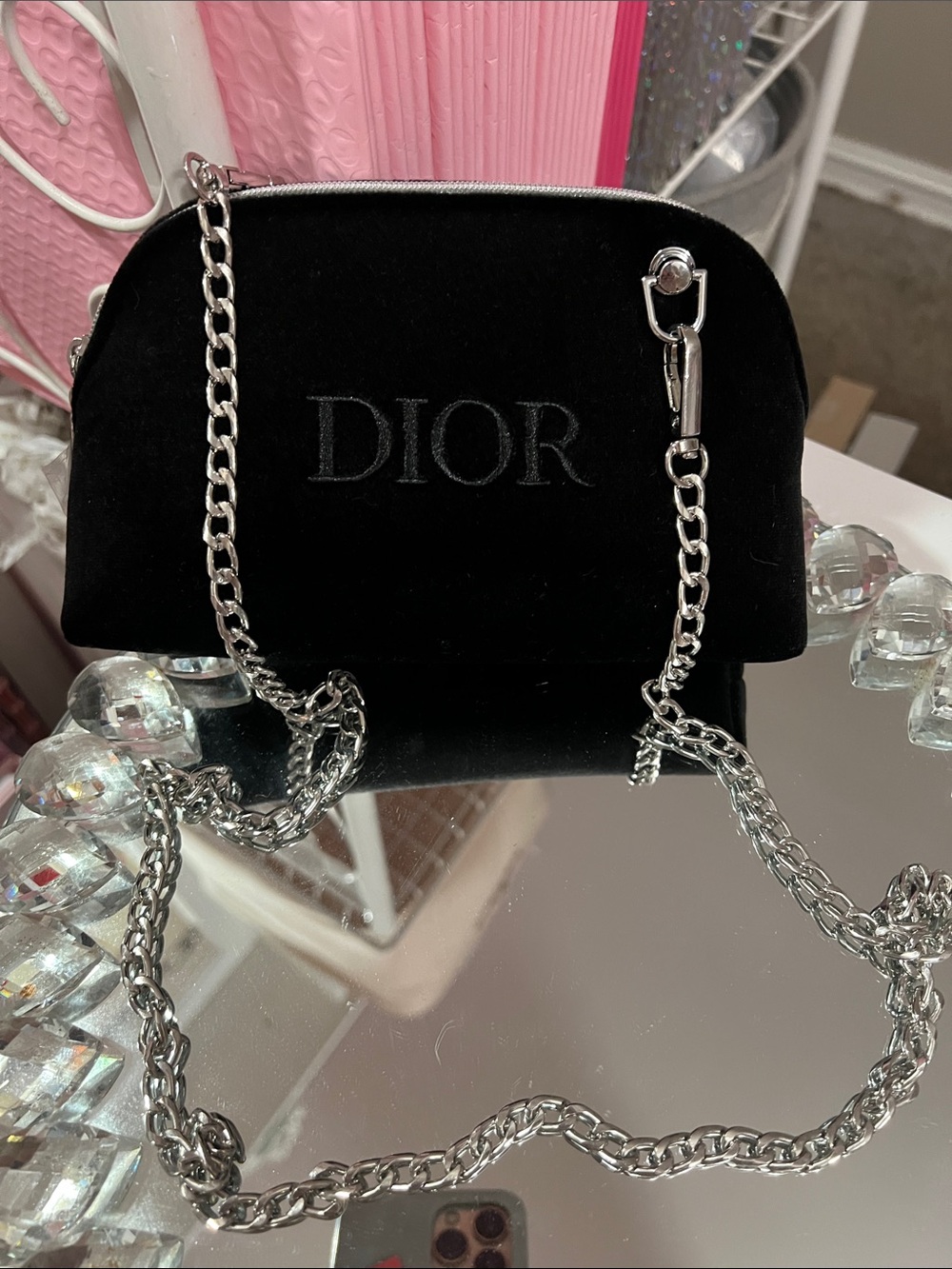 DIOR Black Velvet Pouch with 47 inch Chain/Hardware